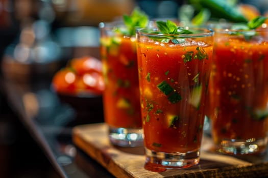 Homemade Gazpacho in glasses. Close-up.