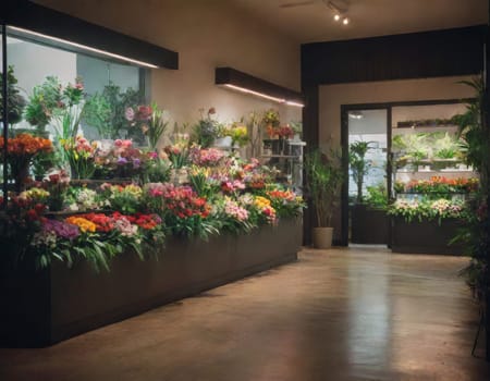 Modern flower shop interior. Interior design of flower shop or store with refrigerator for flowers, Copy space