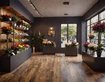 Modern flower shop interior. Interior design of flower shop or store, Copy space