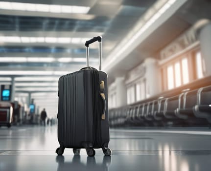 Suitcase with whiles in airport terminal indoors. One suitcase stand on floor in terminal airport. Baggage and travel concept