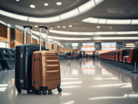 Suitcase with whiles in airport terminal indoors. One suitcase stand on floor in terminal airport. Baggage and travel concept