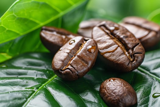 Close up of coffee beans resting on a green leaf, showcasing their texture and rich brown color.