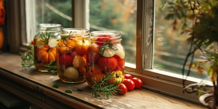 autumn pickles on wooden windowsill. ai generated