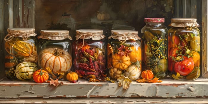 autumn pickles on wooden shelf in the kitchen. ai generated