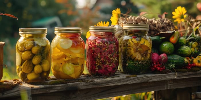 autumn pickles on wooden shelf in the kitchen. ai generated