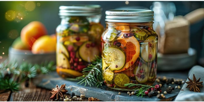 autumn pickles on wooden windowsill. ai generated