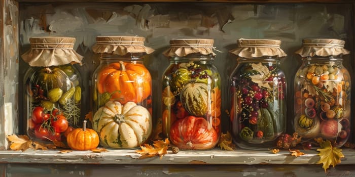 autumn pickles on wooden shelf in the kitchen. ai generated