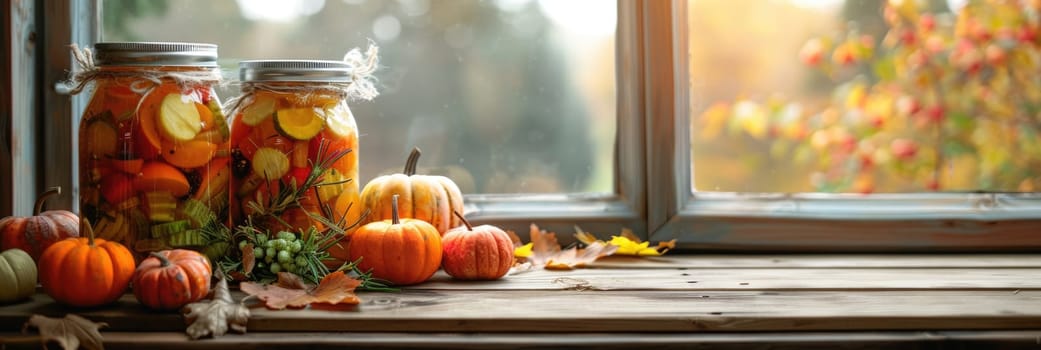 autumn pickles on wooden windowsill, copy space. ai generated