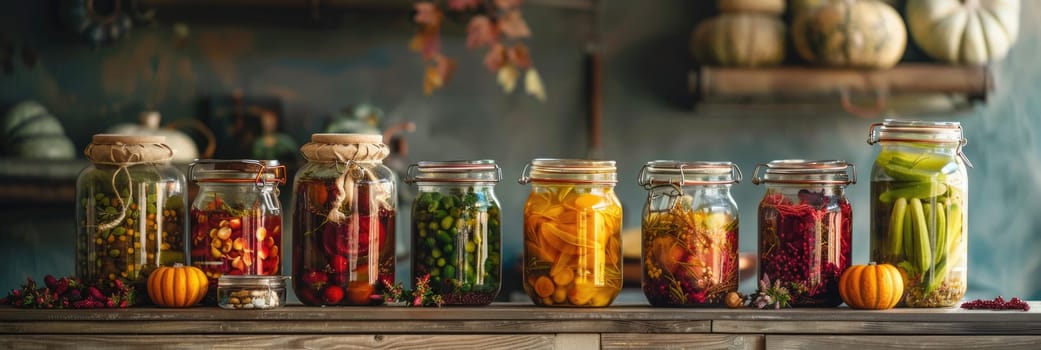 autumn pickles on wooden shelf in the kitchen. ai generated