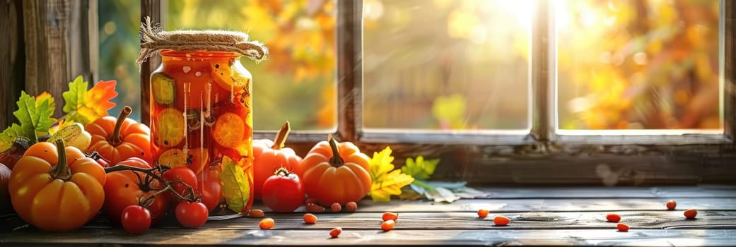 autumn pickles on wooden windowsill, copy space. ai generated