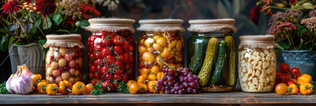 autumn pickles on wooden shelf in the kitchen. ai generated