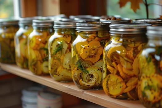 autumn pickles on wooden shelf in the kitchen. ai generated