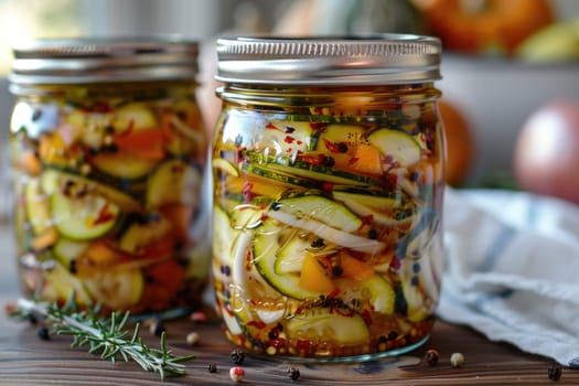 autumn pickles on wooden shelf in the kitchen. ai generated