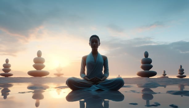 A woman sits in a tranquil lotus position, embracing serenity, as she meditates in front of a serene body of water, enveloped in a calm and soothing atmosphere.