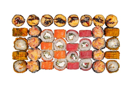 Sushi set served on white background. Various types of sushi rolls Isolated on white background. Top view.