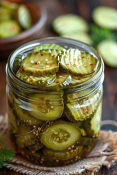 autumn cucumber pickles on wooden windowsill. ai generated