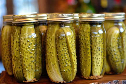 autumn cucumber pickles on wooden windowsill. ai generated