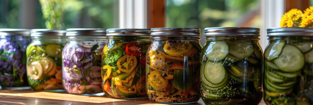 autumn pickles on wooden shelf in the kitchen. ai generated