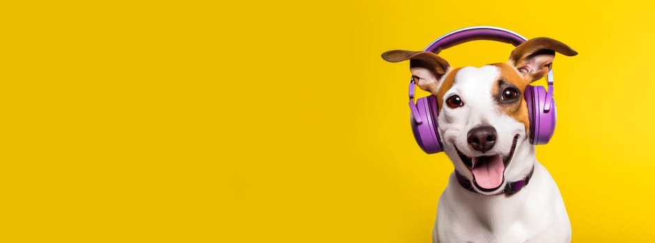 Happy, contented dog listens to music on headphones while on vacation or relaxing on a yellow background. Advertising holidays for animals, music store, pet store, modern training and courses