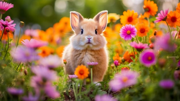 Cute Easter bunny in a field with flowers in nature, in the sun's rays. Environmental protection, the problem of ocean and nature pollution. Advertising for a travel agency, pet store, veterinary clinic, phone screensaver, beautiful pictures, puzzles