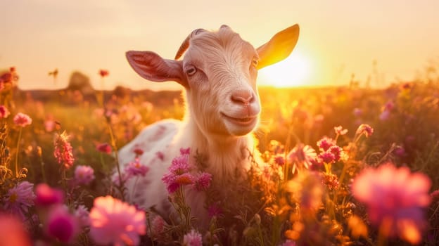 Cute goat in a field with flowers in nature, in the sun's rays. Environmental protection, the problem of ocean and nature pollution. Advertising for a travel agency, pet store, veterinary clinic, phone screensaver, beautiful pictures, puzzles
