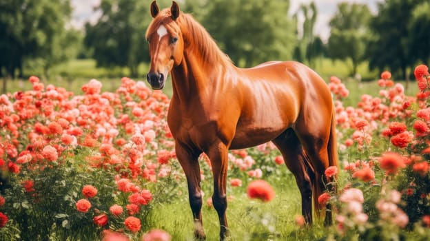 Cute, beautiful horse in a field with flowers in nature, in the sun's rays. Environmental protection, the problem of ocean and nature pollution. Advertising travel agency, pet store, veterinary clinic, phone screensaver, beautiful pictures, puzzles