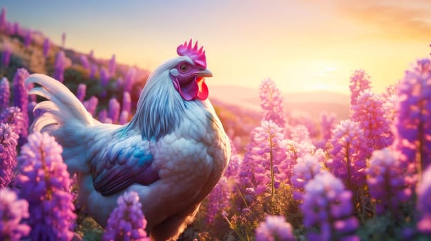 Cute, beautiful chicken in a field with flowers in nature, in the sun's rays. Environmental protection, the problem of ocean and nature pollution. Advertising for a travel agency, pet store, veterinary clinic, phone screensaver, beautiful pictures, puzzles