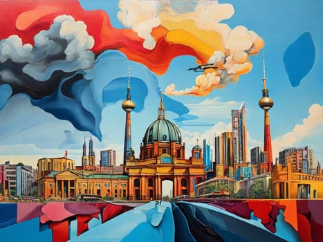 Abstract colorful skyline illustration of Berlin, Germany, various landmarks in Dadaism style ,inspired by Dali.
