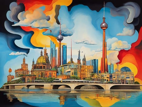 Abstract colorful skyline illustration of Berlin, Germany, various landmarks in Dadaism style ,inspired by Dali.