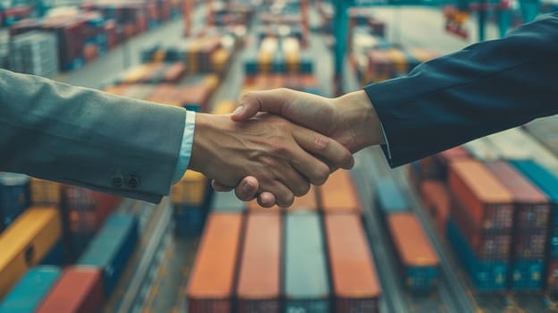 Close up business professional handshake with new partnership. Logistic concept. Generative AI.