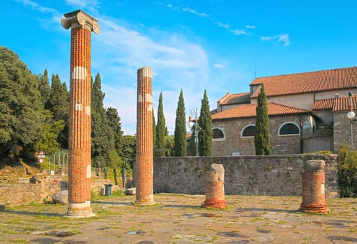 Ancient columns of San Giusto near Paleochristian basilica of Trieste, Friuli-Venezia Giulia, Italy. High quality photo