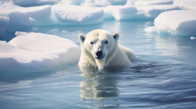Cute, beautiful polar bear on an ice floe in Antarctica. Environmental protection, nature pollution problem, wild animals. Advertising for a travel agency, pet store, veterinary clinic, phone screensaver, beautiful pictures, puzzles