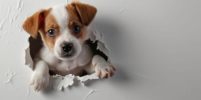 Close up view picture of the hollow white hole on the the wall that show the dog stay inside the wall that has been made from some material yet still can be break to look through other side. AIGX03.