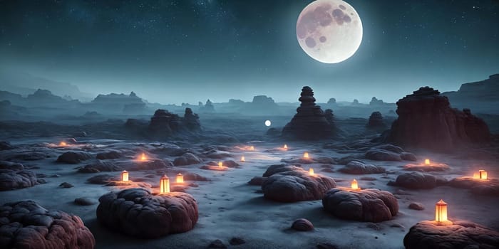 Lunar Dreamscape. Dreamy depiction of a moonlit landscape on a desolate alien world, rendered with glowing phosphorescent flora and eerie rock formations under a sky filled with crescent moons and distant planetary bodies.