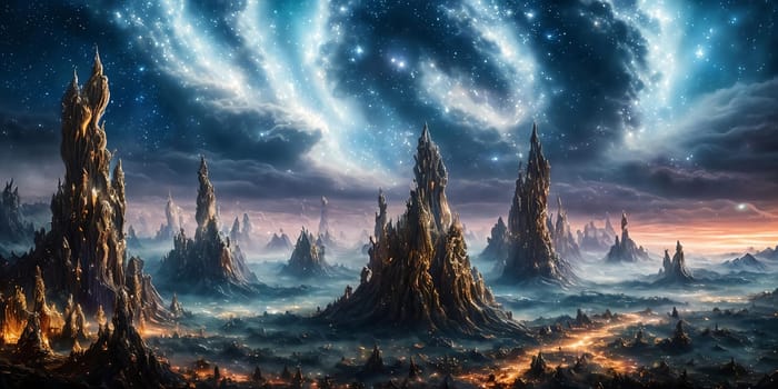 Celestial Kingdom. Otherworldly realm populated by majestic celestial beings and mythical creatures, set against a backdrop of shimmering constellations and swirling cosmic clouds.