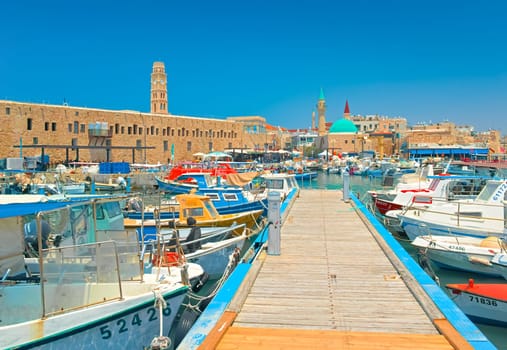Acre, Israel - 10 May, 2023: View of the port of Acre, an ancient city in northwest Israel.