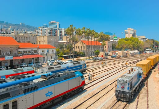 Haifa, Israel - 10 May, 2023: Modern diesel locomotives in the open air part of The Israel Railway Museum.