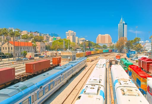Haifa, Israel - 10 May, 2023: A view of the open air part of The Israel Railway Museum.