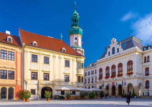 Sopron, Hungary - 13 October 2023: View of the Fire Tower and City Hall in the central square of the city of Sopron