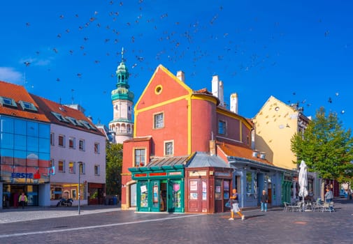 Sopron, Hungary - 13 October 2023: View of old colorful historical houses and vintage shop kiosks in the central part of Sopron