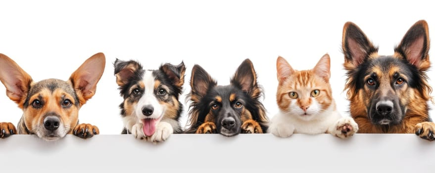 The picture of front view and close up of the multiple group of the various cat and dog in front of the bright white background that look back to the camera with the curious and interest face. AIGX03.