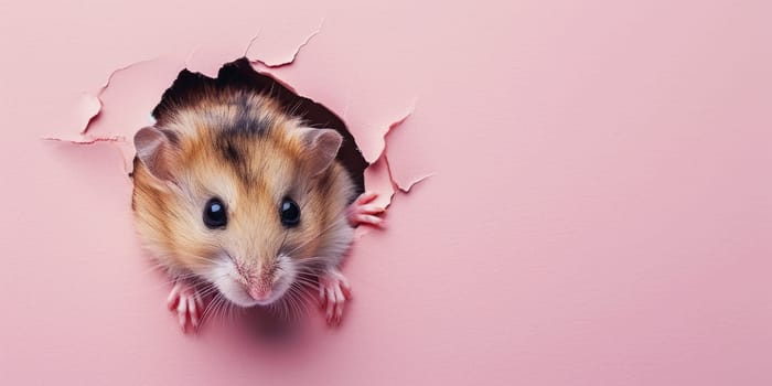 Close up view picture of the hollow pink hole on the the wall that show the hamster stay inside the wall that has been made from some material yet still can break to look through other side. AIGX03.