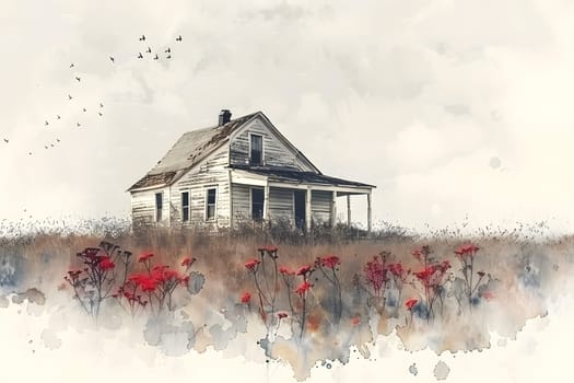 A watercolor painting capturing a quaint old house surrounded by a sea of vibrant red flowers in a peaceful field, under a serene blue sky with fluffy white clouds