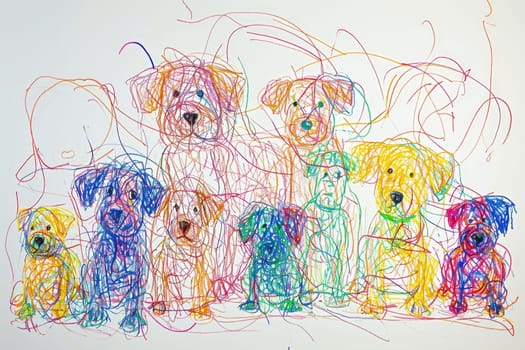 The hand drawing colourful picture of the group of the various type of the dog that has been drawn by the colored pencil or crayon on the white background that seem to be drawn by the child. AIGX01.