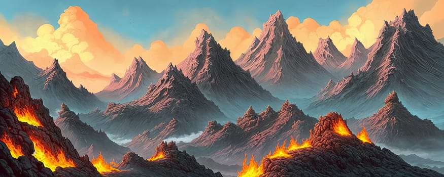 Dragons lair. Rugged grandeur of towering mountains, fierce crags, and treacherous cliffs. Sense of peril and majesty by including sizzling lava flows, billowing smoke, and the glint of colossal dragon scales.
