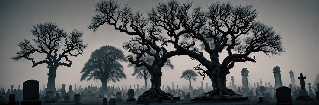 A hauntingly beautiful graveyard shrouded in mist, with weathered tombstones standing sentinel amidst gnarled trees and twisted branches reaching towards the moon.