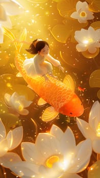 A small girl is seated atop a goldfish in a pond filled with lotus flowers. The amber fish swims gracefully among the orange petals, illuminated by sunlight filtering through the water