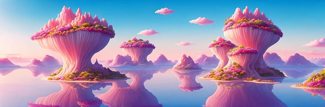 Surreal and dreamlike landscape of floating islands suspended in a pastel-colored sky, connected by delicate bridges and adorned with exotic flora.