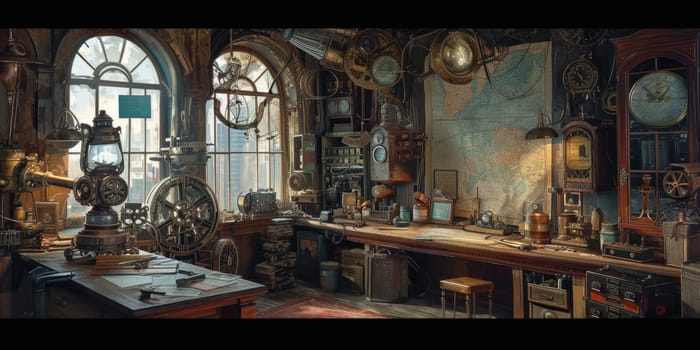 An intricately detailed vintage study room, filled with navigational instruments, antique map, and explorer's tools, evoking the spirit of discovery. Resplendent.