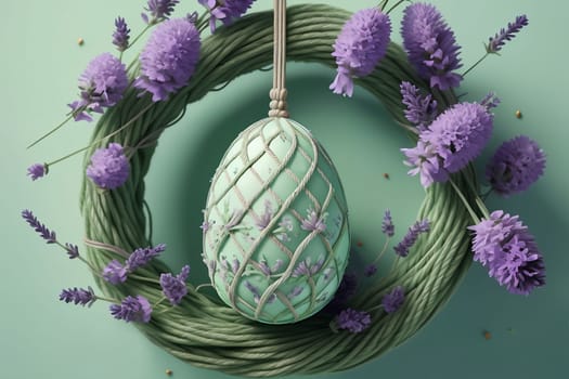 Easter eggs with Lavender flowers isolated on light green background, greeting card